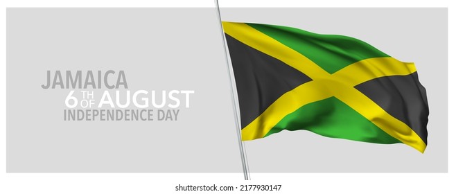 Jamaica happy independence day greeting card, banner with template text vector illustration. Jamaican memorial holiday 6th of August design element with 3D flag with cross