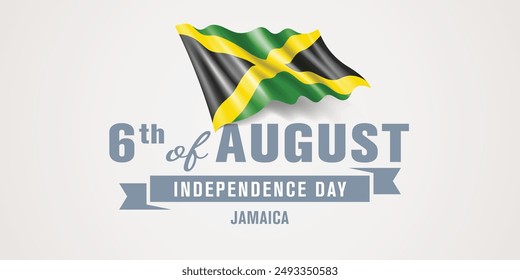 Jamaica happy independence day greeting card, banner vector illustration. Jamaican national holiday 6th of August design element with realistic flag