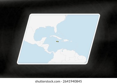 Jamaica Highlighted in Flag Colors on Geographic Map. Modern Map on a dark abstract backdrop.