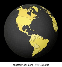 Jamaica highlighted on a dark globe with a yellow world map. Satellite world projection centered on Jamaica. Elegant vector illustration.