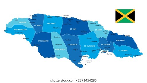 Mapa altamente detallado de Jamaica. Ilustración azul vectorial con fronteras, ciudades y bandera nacional