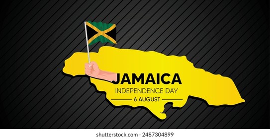 Jamaica independence day 6 August waving flag  holding in hand with map vector poster