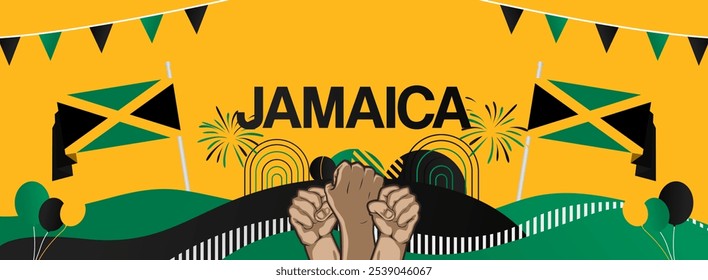 Jamaica independence day festive banner. Vibrant modern templates for holiday celebration, greeting card, billboard, and sport event backdrops. August 6th. Happy national day of Jamaica