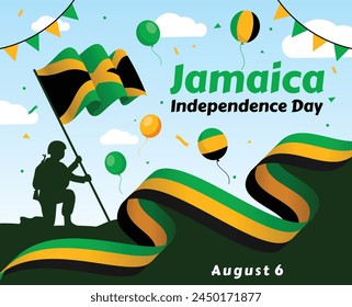 Día de la Independencia de Jamaica. Independencia de Jamaica. Festiva, que se celebra anualmente el 6 de agosto. Bandera de Jamaica. Elemento patriótico. Cartel, tarjeta de felicitación, Anuncio y fondo. Ilustración vectorial

