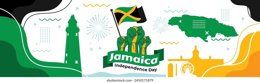 Jamaica Independence Day. Independence of Jamaica. Holiday, celebrated annual in August 6. Jamaica flag. Patriotic element. Poster, greeting card, banner and background. Vector illustration

