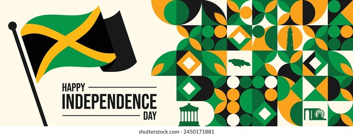 Jamaica Independence Day. Independence of Jamaica. Holiday, celebrated annual in August 6. Jamaica flag. Patriotic element. Poster, greeting card, banner and background. Vector illustration

