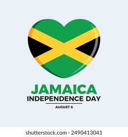 Jamaica Independence Day poster vector illustration. Jamaica flag in heart shape icon isolated on a gray background. Jamaican flag love symbol. Template for background, banner, card. August 6.