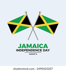 Jamaica Independence Day poster vector illustration. Two crossed Jamaican flags on a pole icon on a gray background. Jamaica waving flag symbol. Template for background, banner, card. August 6.