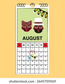 Jamaica Independence Day reminder on August 6th in a wall calendar with illustrative people wearing the nation's traditional attire.