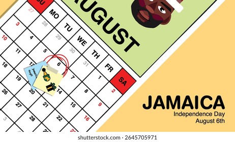 Jamaica Independence Day reminder on August 6th in a wall calendar with illustrative people wearing the nation's traditional attire.