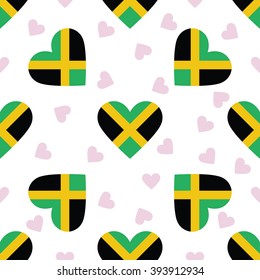 Jamaica independence day seamless pattern. Patriotic country flag background. Jamaica flag in the shape of heart. Vector seamless pattern.