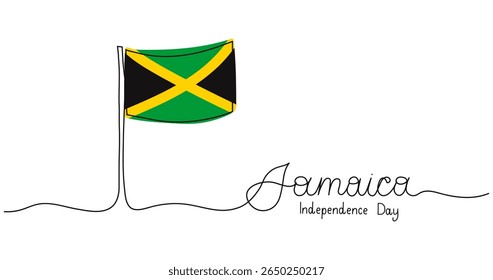 Jamaica Independence Day text banner template. Editable stroke hand drawn lettering. One continuous line art background with flag. Outline drawing with typography for poster card