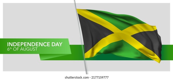 Jamaica independence day vector banner, greeting card. Jamaican wavy flag in 6th of August patriotic holiday horizontal design