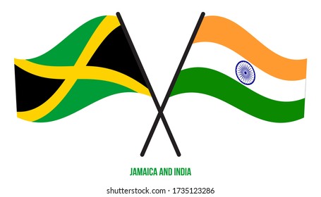 Jamaica and India Flags Crossed And Waving Flat Style. Official Proportion. Correct Colors.