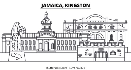 Jamaica, Kingston line skyline vector illustration. Jamaica, Kingston linear cityscape with famous landmarks, city sights, vector landscape. 