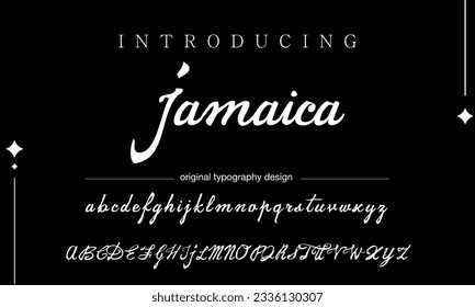 Jamaica Lettering signature font isolated on grey background. brus style alphabet. Vector logo letters.