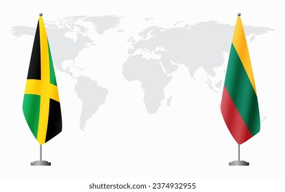 Jamaica and Lithuania flags for official meeting against background of world map.