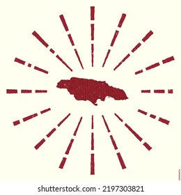 Jamaica logo. Grunge sunburst poster with map of the country. Shape of Jamaica filled with hex digits with sunburst rays around. Superb vector illustration.