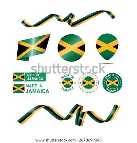 Jamaica made in logo. Set of design flags label icon, stripes, ribbons