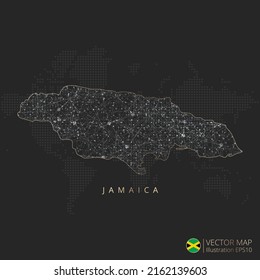 Jamaica map abstract geometric mesh polygonal light concept with black and white glowing contour lines countries and dots on dark background. Vector illustration.