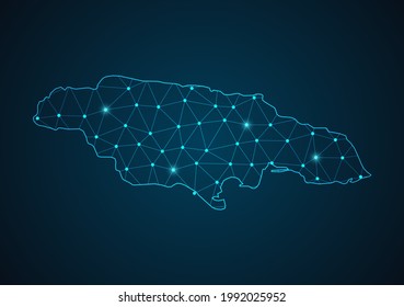 Jamaica map Abstract mash line and point scales on dark background. Wire Frame 3D mesh polygonal network line. Network line, design sphere, dot and structure vector.
