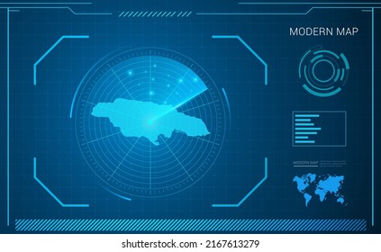 Mapa jamaiquino del vector de radar de tecnología de marco digital azul HUD, GUI, interfaz de interfaz de usuario.