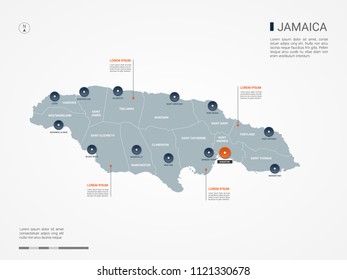 Jamaica map with borders, cities, capital Kingston and administrative divisions. Infographic vector map. Editable layers clearly labeled.