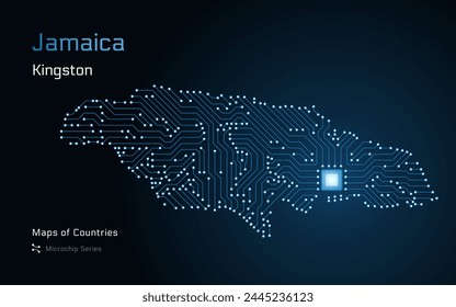 Jamaica Map with a capital of Kingston Shown in a Microchip Pattern with processor. E-government. World Countries vector maps. Microchip Series	