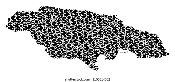 Jamaica map collage of dollars and sphere points in different sizes. Abstract vector financial and GDP Jamaica map.