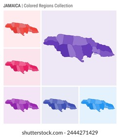 Jamaica map collection. Country shape with colored regions. Deep Purple, Red, Pink, Purple, Indigo, Blue color palettes. Border of Jamaica with provinces for your infographic. Vector illustration.
