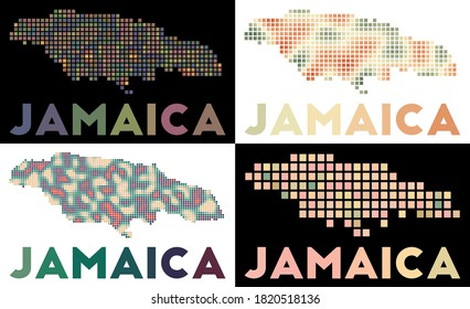 Mapa de Jamaica. Colección de mapas de Jamaica en estilo punteado. Las fronteras del país están llenas de rectángulos para su diseño. Ilustración vectorial.