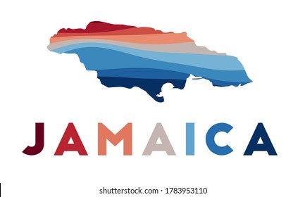 Jamaica map. Map of the country with beautiful geometric waves in red and blue colors. Vivid Jamaica shape. Vector illustration.
