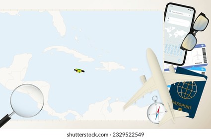 Mapa y bandera de Jamaica, avión de carga en el mapa detallado de Jamaica con bandera, pasaporte, lupa y avión. Plantilla de vectores.