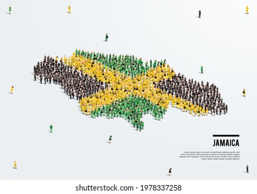 Jamaica Map and Flag. A large group of people in the Jamaica flag color form to create the map. Vector Illustration.