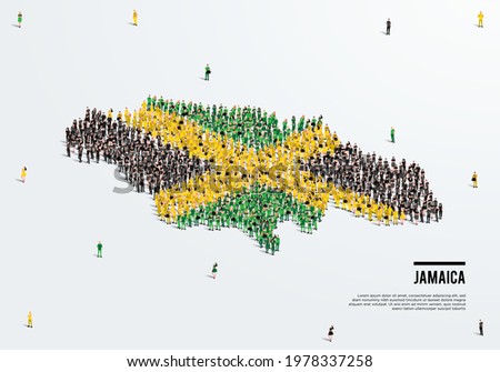 Jamaica Map and Flag. A large group of people in the Jamaica flag color form to create the map. Vector Illustration.