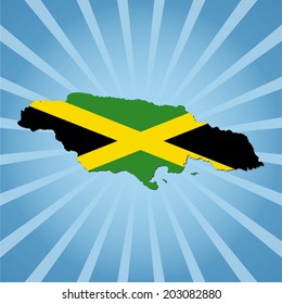 Jamaica map flag on blue sunburst vector illustration