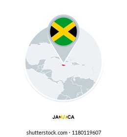 Jamaica map and flag, vector map icon with highlighted Jamaica