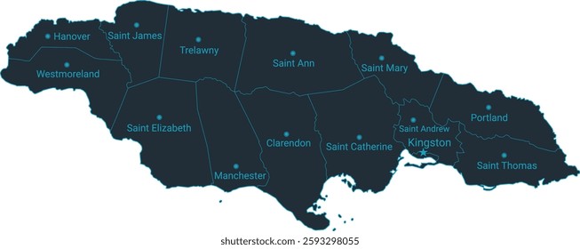 Jamaica map high detailed with administrative divide by state, capital cities names, outline simplicity style. Vector illustration EPS10.