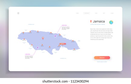 Jamaica map infographics vector template with cities, capital Kingston and pointer marks.