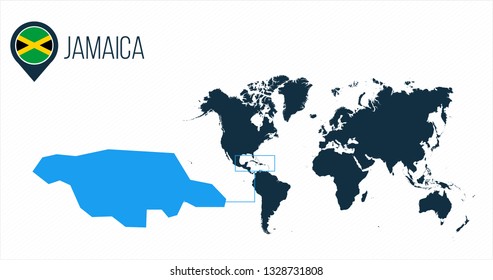 Jamaica map located on a world map with flag and map pointer or pin. Infographic map. Vector illustration isolated on white background.