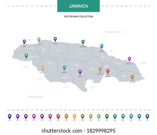 Jamaica map with location pointer marks. Infographic vector template, isolated on white background.