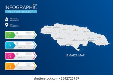 Jamaica map with location pointer marks. High detailed country map with division, cities and capital infographic template. Vector illustration EPS10