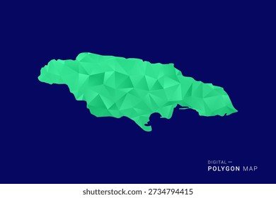 Mapa de Jamaica - Vector de bajo polígono polivinílico, silueta triangulada geométrica en tonos verdes y azules, estilo moderno limpio, fondo aislado para uso infográfico.