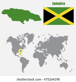 Jamaica map on a world map with flag and map pointer. Vector illustration