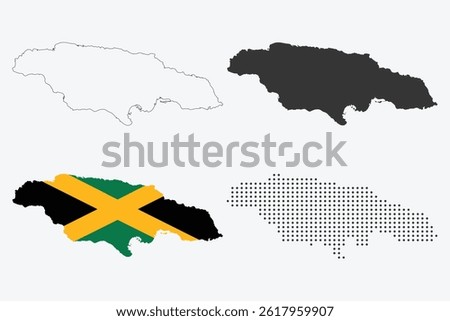 Jamaica map in outline, grey, flag color, and dotted style