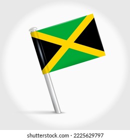 Jamaica map pin flag icon. Jamaican pennant map marker on a metal needle. 3D realistic vector illustration.