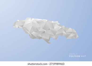 Jamaica Map - Ilustración vectorial de estilo polígono en gris, blanco y azul, diseño geométrico de bajo poli, silueta mínima, adecuada para infografía y diseño moderno.