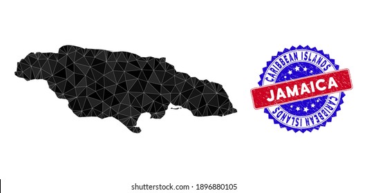 Jamaica mapea la malla poligonal con triángulos llenos y un sello bicolor rasgado. Mapa de Jamaica de mosaico triangular con modelo vectorial de malla, triángulos con tamaños y posiciones variables, y tonos de color.