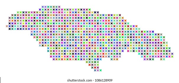 Jamaica map. Vector collage of geographic plan. Regular pattern is created with x-cross elements in different colors. Abstract pixelated Jamaica map designed for political and economical posters.