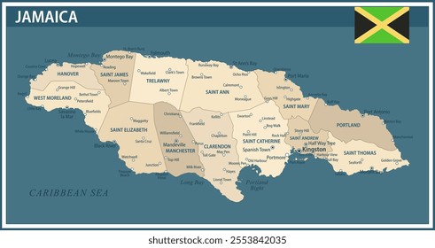 Jamaica Map Vector Vintage Dark Blue Beige - Customizable layered political map of Jamaica with administrative divisions for website, education, reports, news, politics, print, poster and wallpaper